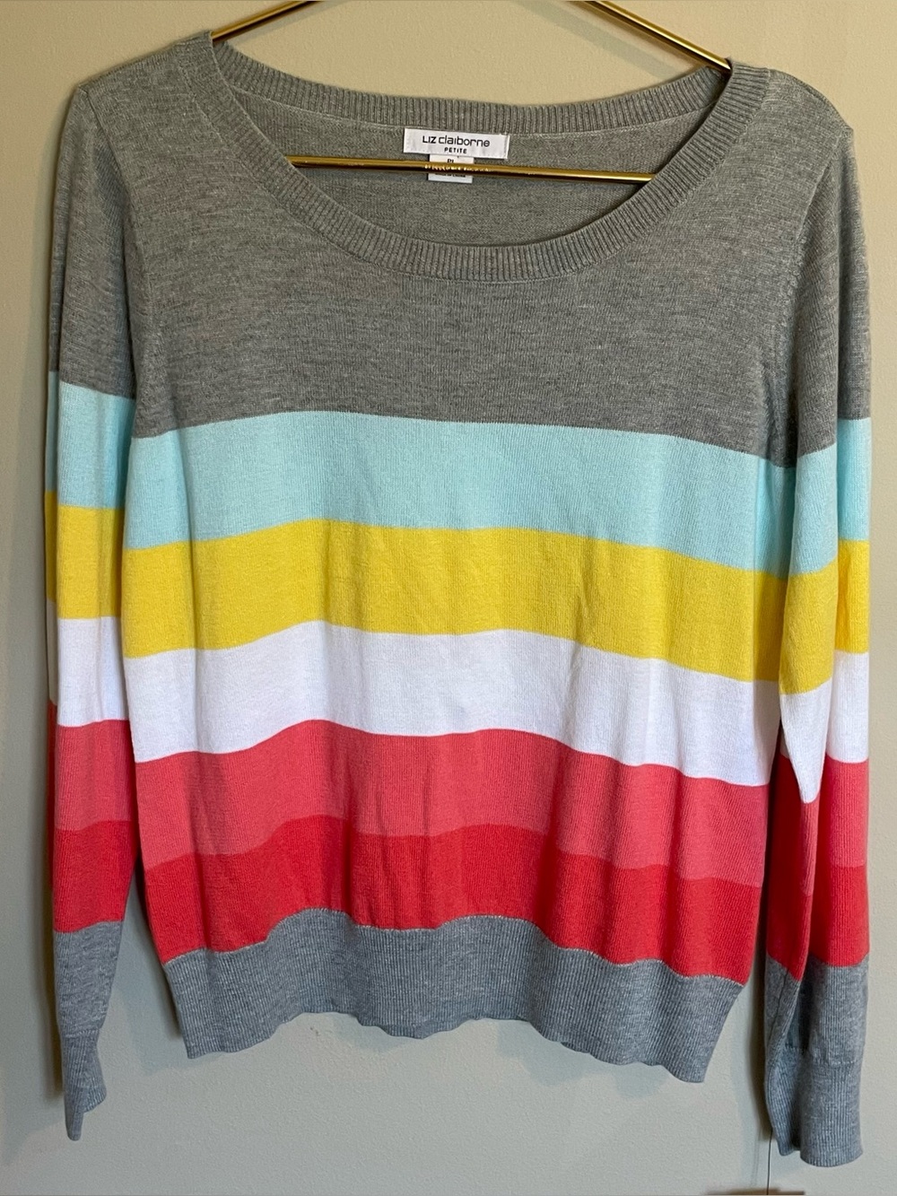 Liz Claiborne Gray Crewneck Sweater with Yellow, Light Blue & Coral Stripes